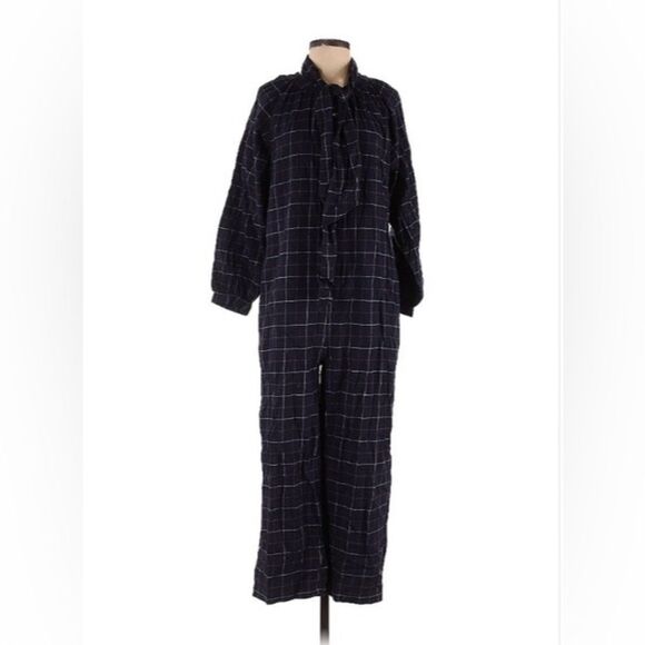 Outerknown 100% Organic Cotton Flannel Navy Plaid Long Sleeve Jumpsuit Small - Picture 3 of 8
